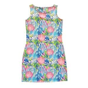 Lulu-B Tropical Coral Shift Dress Pink Teal Blue Sz XS Lightweight Summer | EUC